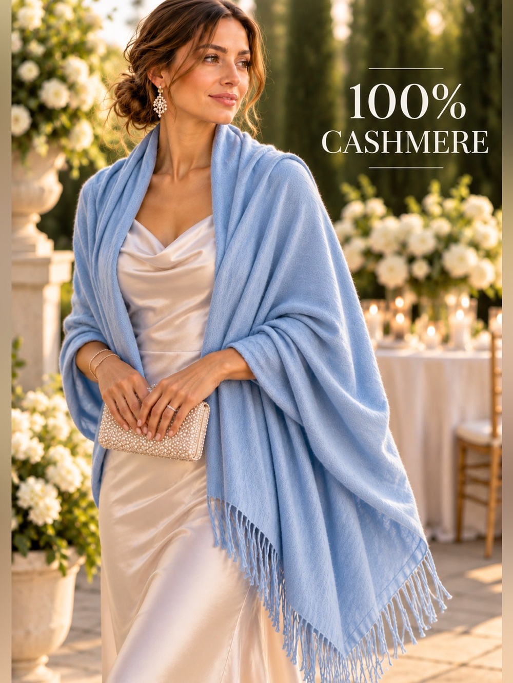 Nordstrom 100% Cashmere Wrap Scarf Soft Blue Oversized Fringe Shawl 77”